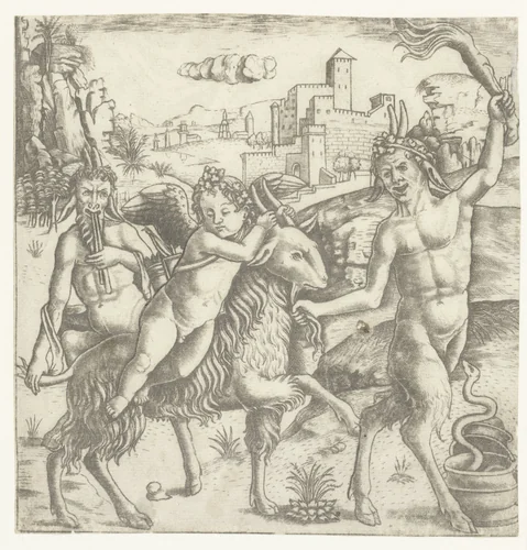 Cupido op een geit met twee satyrs by Unknown, print, 1475-1520