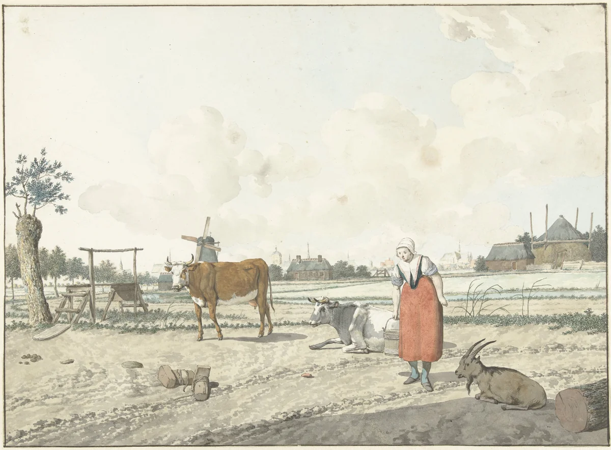 Landschap met boerin en vee by W. Barthautz, drawing, 1700-1800