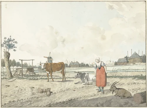 Landschap met boerin en vee by W. Barthautz, drawing, 1700-1800
