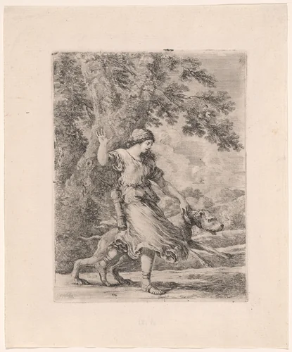 Nymph Holding a Large Dog by the Collar, known as The Beautiful Huntress by Stefano della Bella, print, 1651-1661
