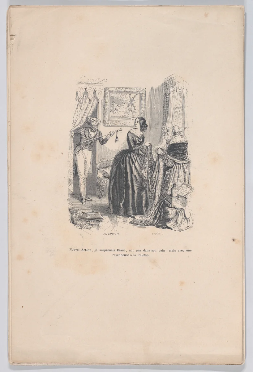 As the new Actaeon, I surprised Diana, not in her bath but with a dealer in the bathroom, from "Little Miseries of Human Life" by J. J. Grandville, print, 1843