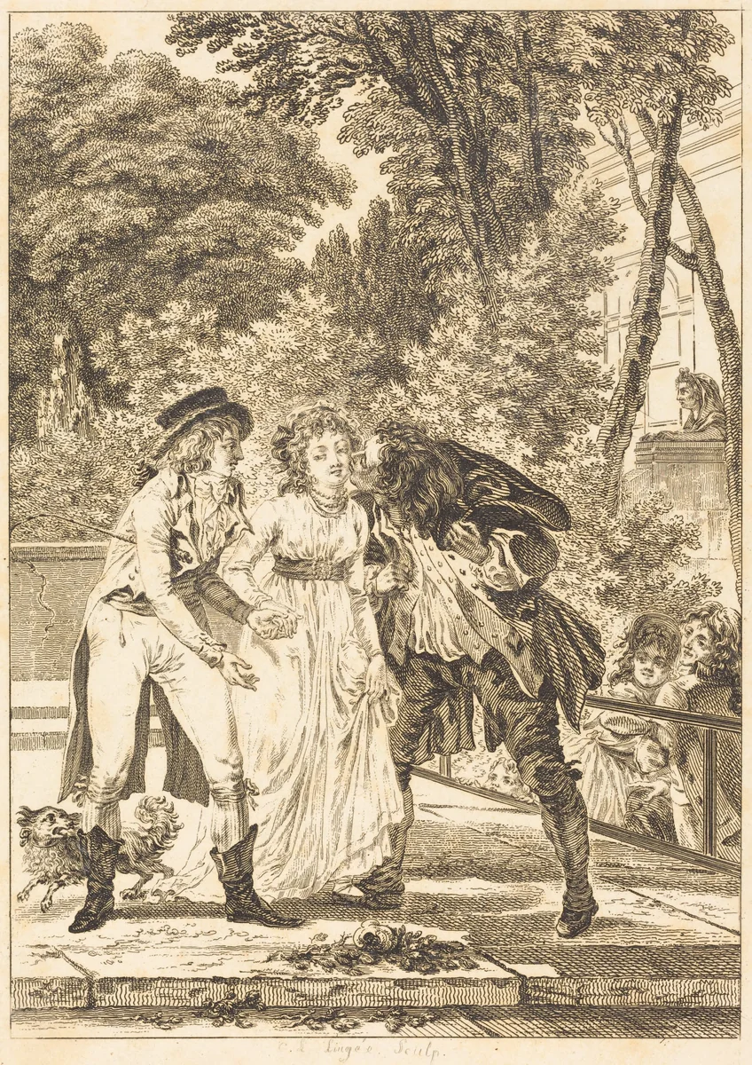 Le baiser rendu: Le baiser rendu by Charles Louis Lingée; Jacques Louis François Touzé, print, 1748-1819
