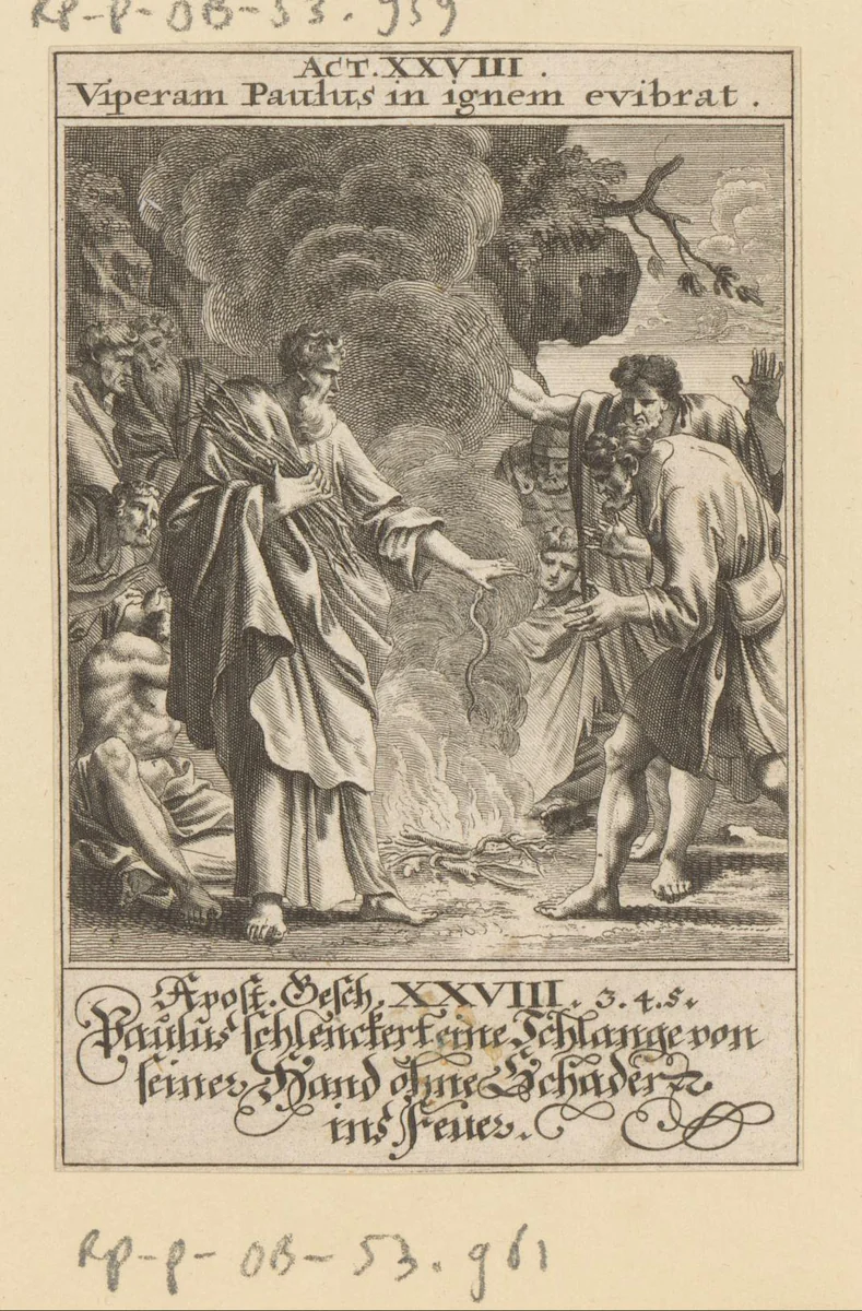 Apostel Paulus schudt een adder af in vuur by anonymous, print, 1697