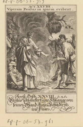 Apostel Paulus schudt een adder af in vuur by anonymous, print, 1697