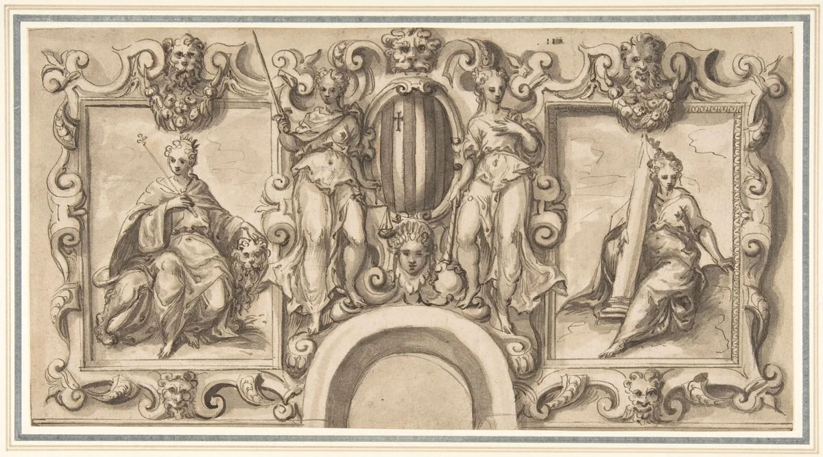 Design for a Wall Decoration over an Arched Doorway with Grimani Arms by Bernardino India, drawing, 1528-1590