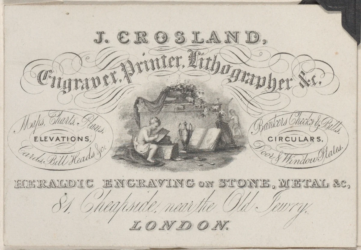 Trade Card for J. Crosland, Engraver, Printer, and Lithographer by anonymous, print, 1800-1900