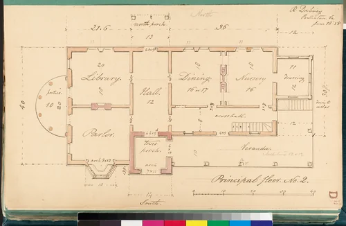 House for R. Dabney, Powhatan, Virginia (plan of principal floor) by Alexander Jackson Davis, drawing, 1858