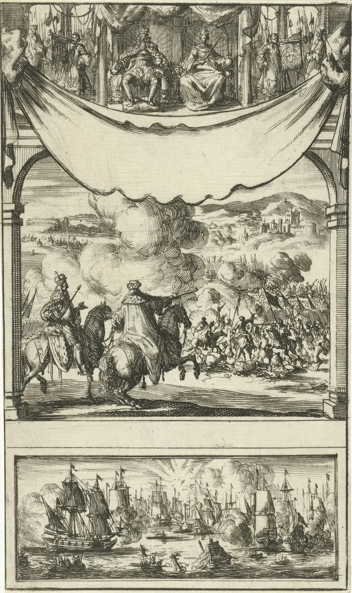 Keizer en keurvorst te paard in een veldslag by Jan Luyken, print, 1690