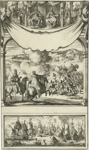 Keizer en keurvorst te paard in een veldslag by Jan Luyken, print, 1690