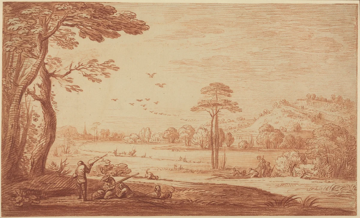 Hunters Resting by a River by Adriaen Frans Boudewyns, drawing, 1644-1711