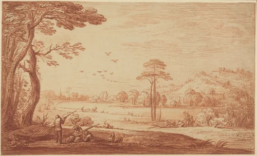Hunters Resting by a River by Adriaen Frans Boudewyns, drawing, 1644-1711