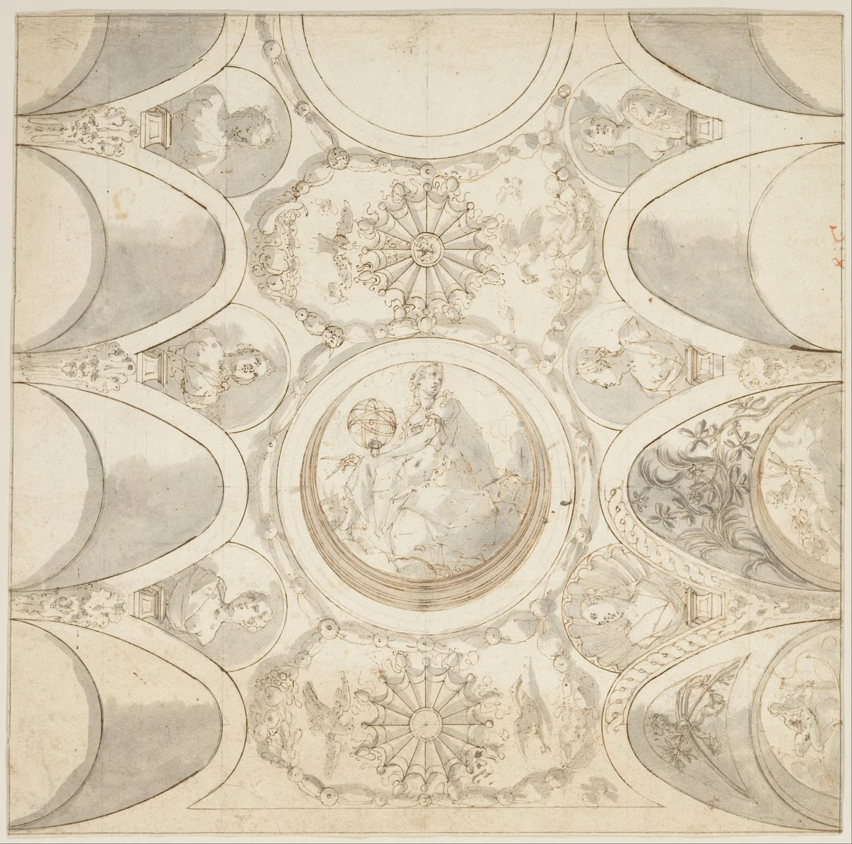 Design for Ceiling with Allegorical Figure of Astronomy. by Giovanni Battista Crespi, drawing, 1605-1615
