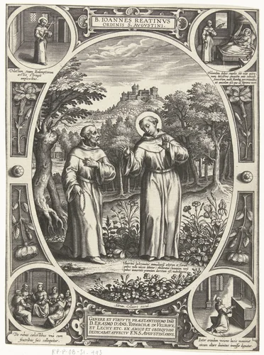 Scènes uit het leven van de Zalige Johannes van Rieti by Adriaen Collaert, print, 1570-1618