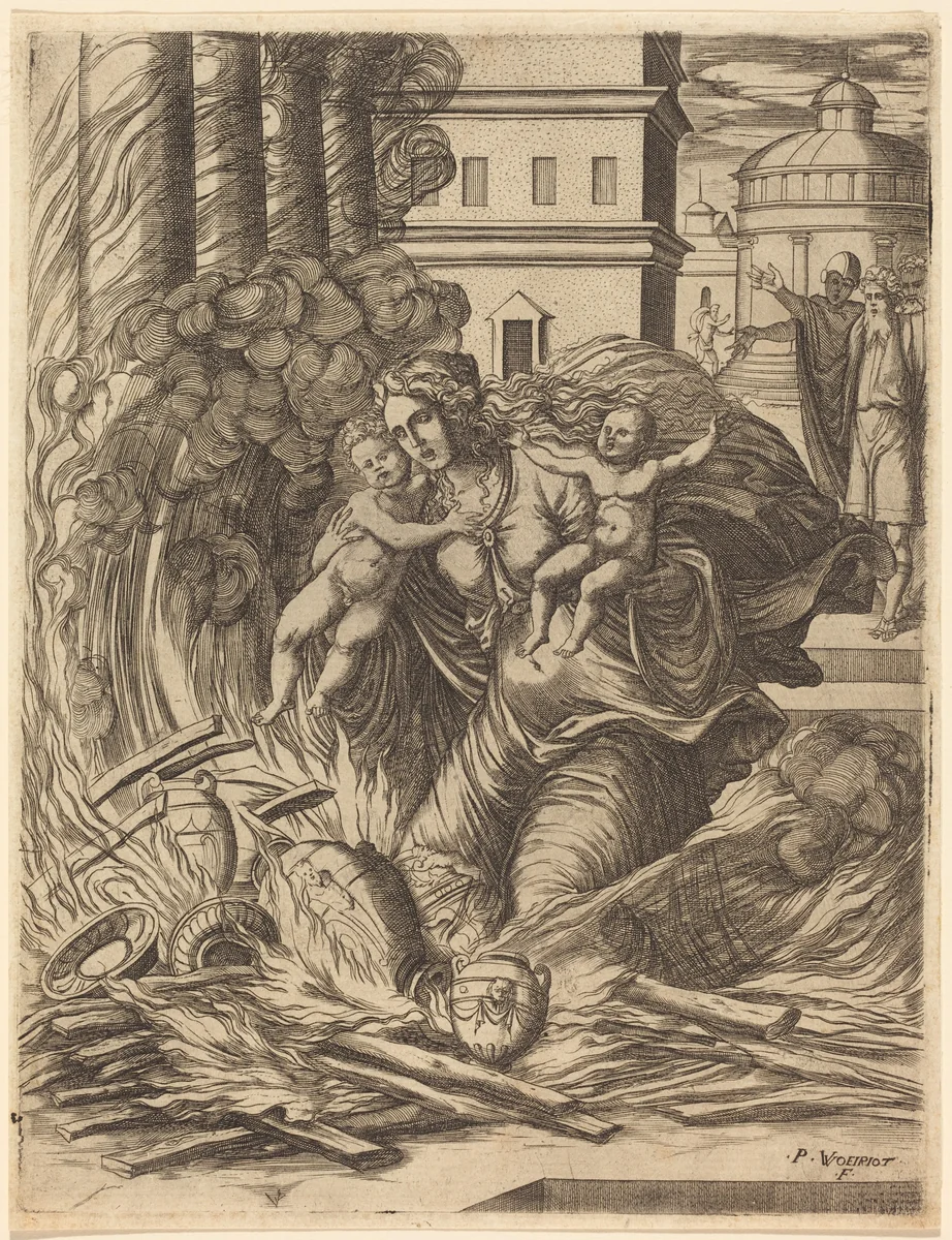 The Wife of Hasdrubal Throws Herself on the Fire by Pierre II Woeiriot de Bouzey, print, 1532-1599