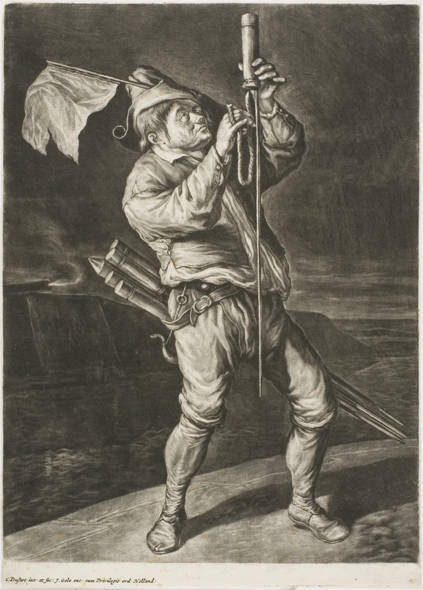 Man Lighting a Rocket, also called Peace is Better than a Victory, from Communia Gaudia (The Wide-Spread Rejoicing at the Siege of Namur) by Cornelis Dusart, print, 1695