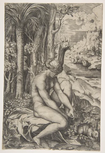 Venus removing a thorn from her left foot while seated beside trees and foliage, a hare eating grass before her by Marco Dente, print, 1510-1532