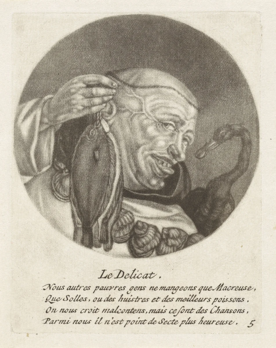 Monnik met een vis en een zwaan by Jacob Gole, print, 1670-1724