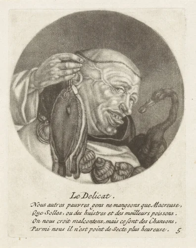 Monnik met een vis en een zwaan by Jacob Gole, print, 1670-1724