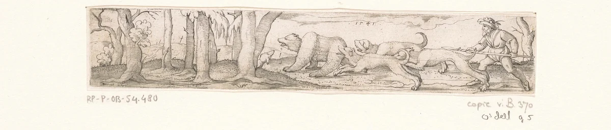 Berenjacht met een jager en drie honden by Unknown, print, 1541