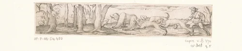 Berenjacht met een jager en drie honden by Unknown, print, 1541