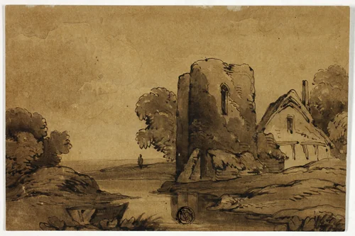 Cottage and Ruined Tower near Stream by James Robertson, drawing, 1815-1836