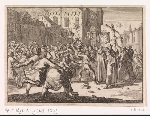 Te Danzig wordt een processie met steenworpen door het volk begroet, 1678 by Caspar Luyken, print, 1698