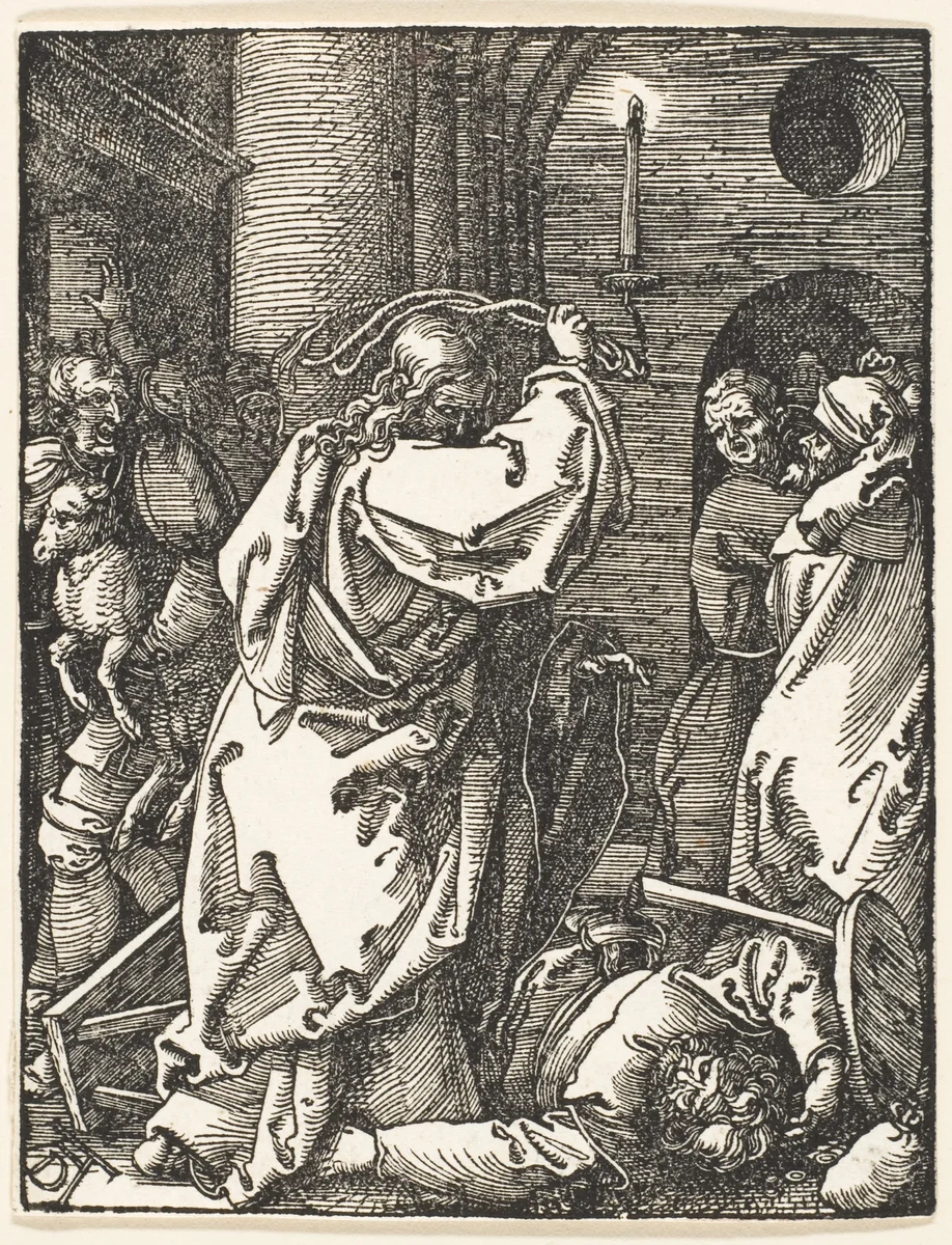 Christ Expelling the Money Lenders, from "The Small Passion" by Albrecht Dürer, print, 1508-1509