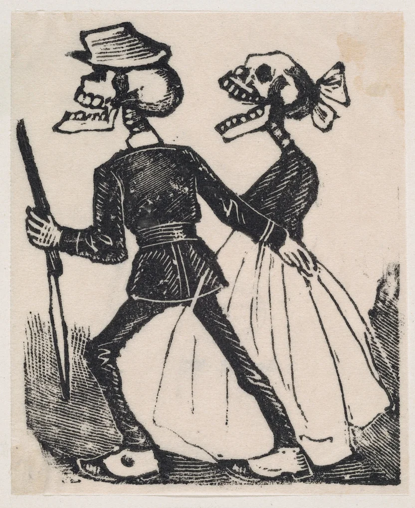 A male skeleton leading a female skeleton to the left, from a broaside entitled 'La Calavera de Cupido', published by Antonio Vanegas Arroyo. by José Guadalupe Posada, print, 1887-1897