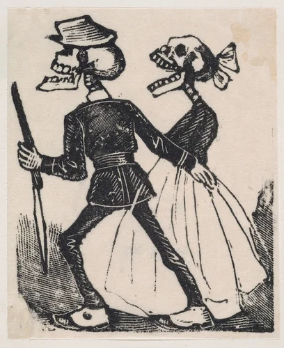 A male skeleton leading a female skeleton to the left, from a broaside entitled 'La Calavera de Cupido', published by Antonio Vanegas Arroyo. by José Guadalupe Posada, print, 1887-1897