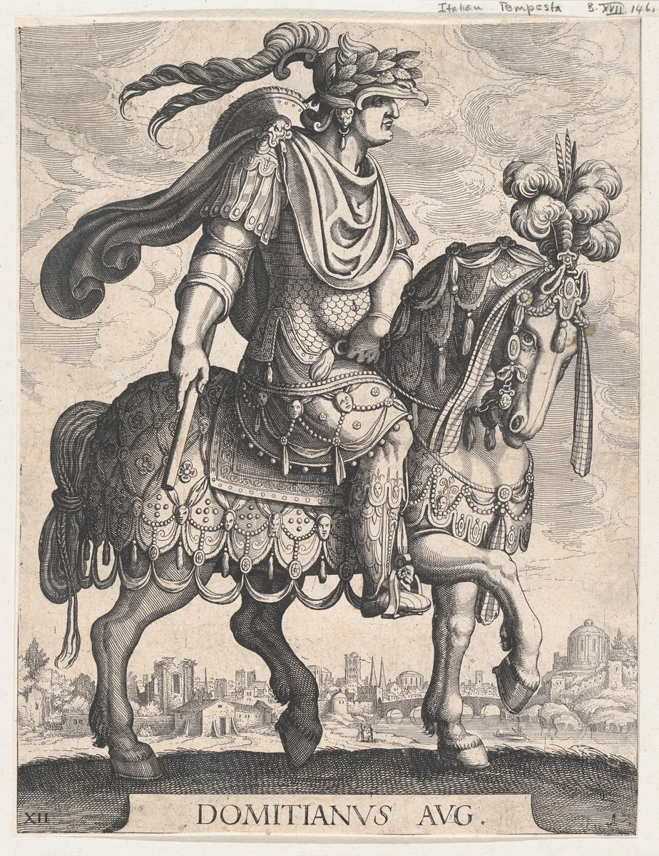 Plate 12: Emperor Domitian on horseback, from 'The First Twelve Roman Caesars' after Tempesta by Matthäus Merian, print, 1610-1650