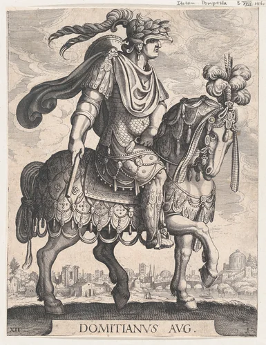 Plate 12: Emperor Domitian on horseback, from 'The First Twelve Roman Caesars' after Tempesta by Matthäus Merian, print, 1610-1650