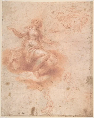 Young Woman on a Cloud with Three Figures (recto); Studies of an Old Man and a Hand (verso) by Francesco Furini, drawing, 1615-1646