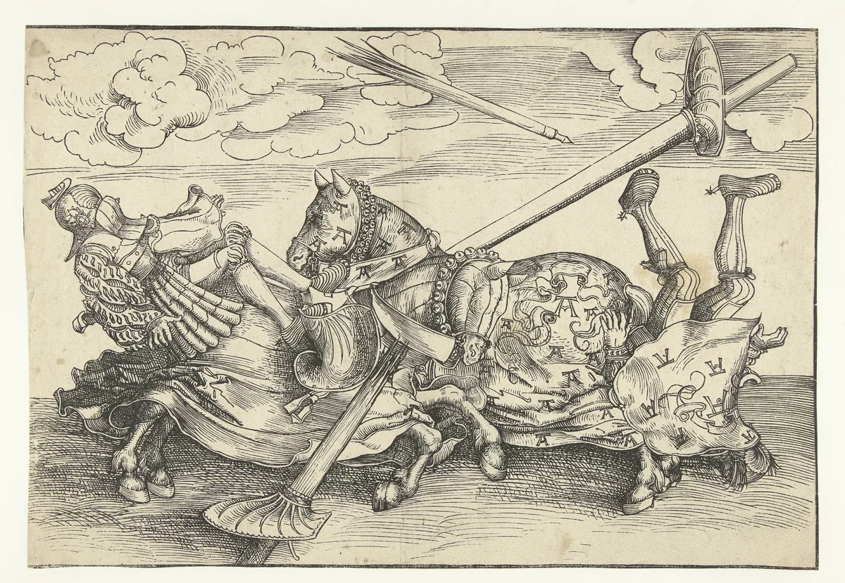 Duits toernooi met twee edelmannen als ridders te paard by Lucas Cranach, print, 1516-1517