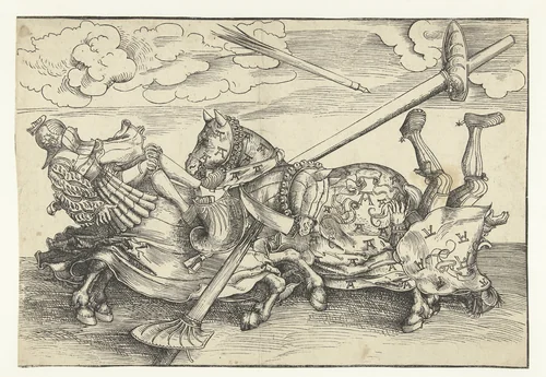 Duits toernooi met twee edelmannen als ridders te paard by Lucas Cranach, print, 1516-1517