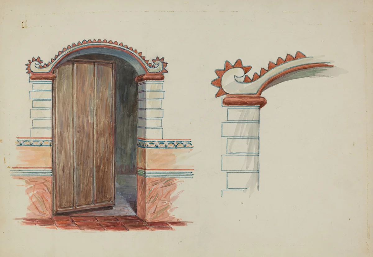Restoration Drawing: Wall Decoration Over Doorway, Facade of Mission House by Robert W.R. Taylor, index of american design, 1937