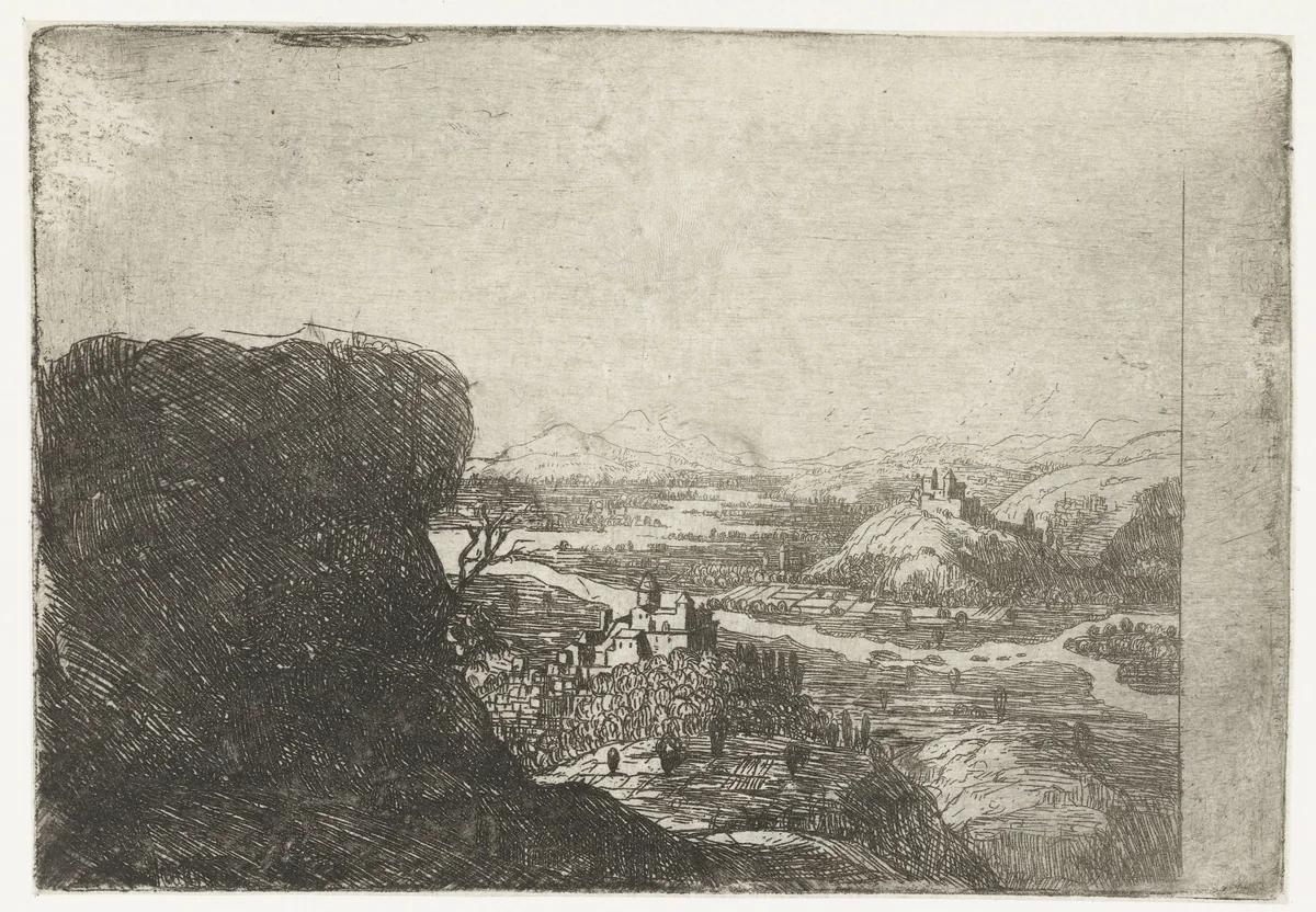 Rivierlandschap met rots en twee burchten by Jan Ruyscher, print, 1635-1674