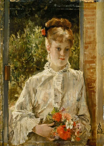 Young Woman in White Holding a Bouquet by Alfred Stevens, painting, 1865-1875
