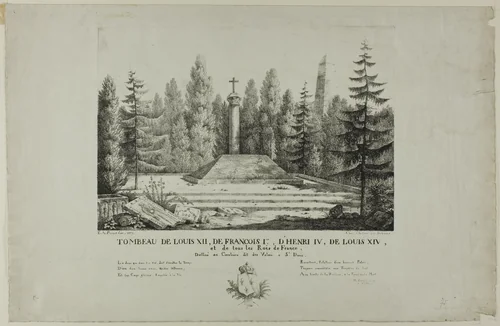 Tomb of Louis XII, François I, Henry IV, Louis XIV, and all the kings of France in the Valois Cemetery at St. Denis by E. A. Pernot, print, 1817