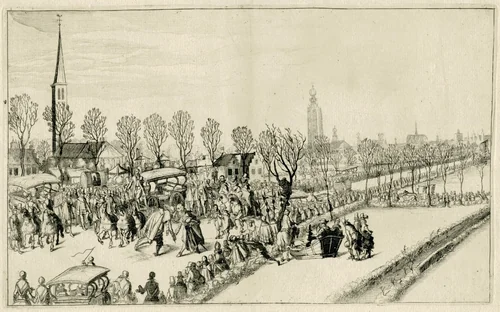 Aankomst van de vijf Spaanse ambassadeurs te Rijswijk, februari 1608 by Simon Frisius, print, 1608-1610