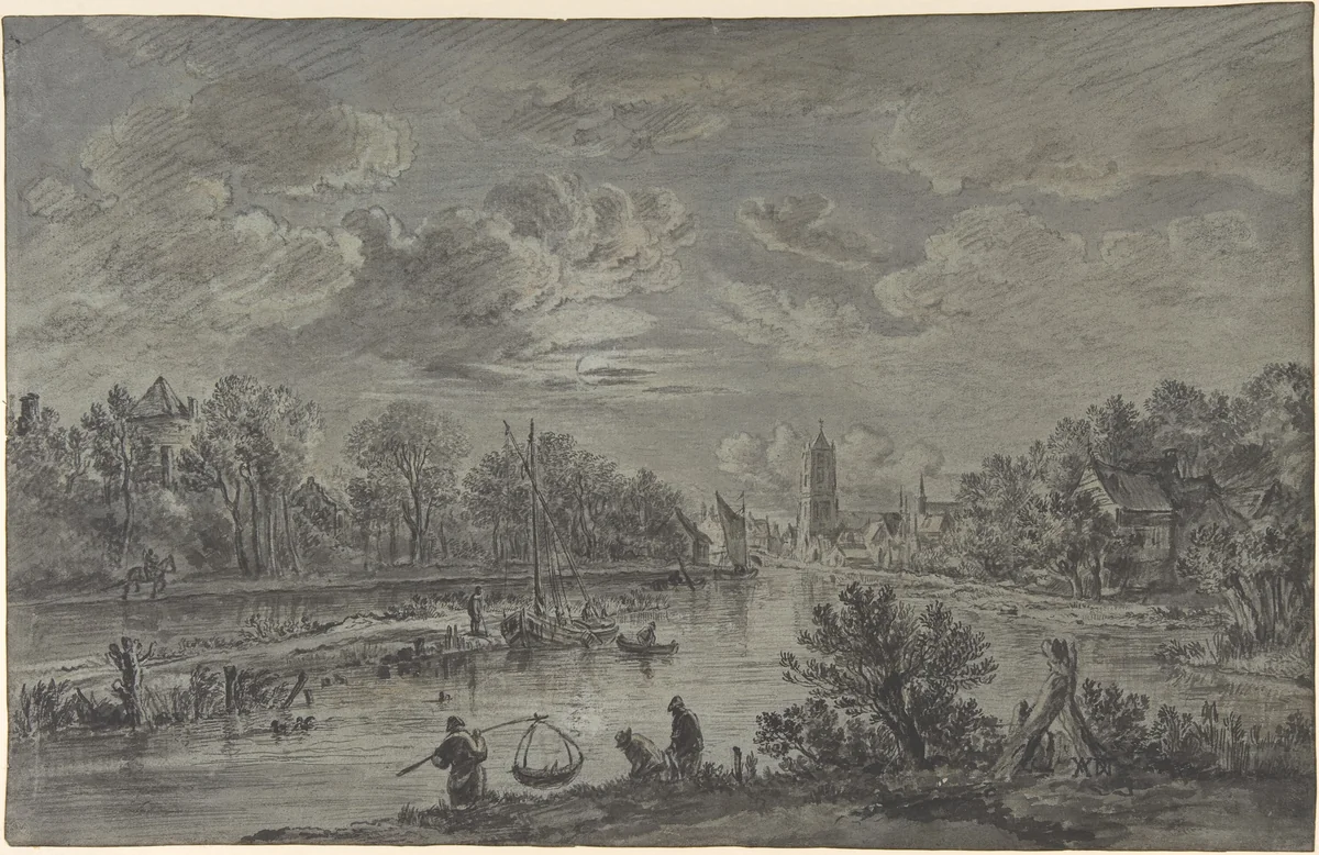 Moonlit view of a river with fishermen and a town in the background by Karel la Fargue, drawing, 1753-1793