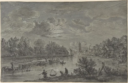 Moonlit view of a river with fishermen and a town in the background by Karel la Fargue, drawing, 1753-1793