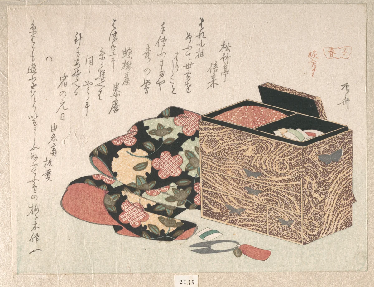 Lady's Work-Box and Bed Clothing by Ryūryūkyo Shinsai (柳々居辰斎), print, 1816