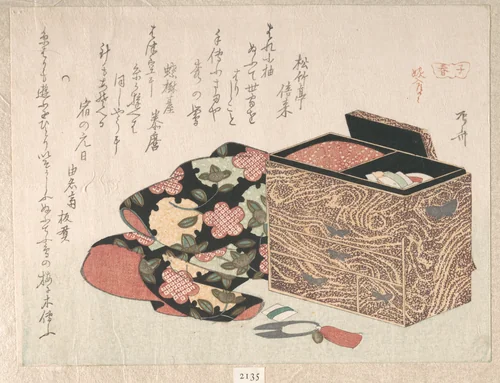 Lady's Work-Box and Bed Clothing by Ryūryūkyo Shinsai (柳々居辰斎), print, 1816