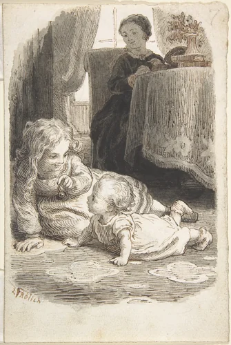 Mother Watching Over Two Young Children Playing (recto); Baby in a Bassinet (verso) by Lorenz Frølich, drawing, 1835-1903