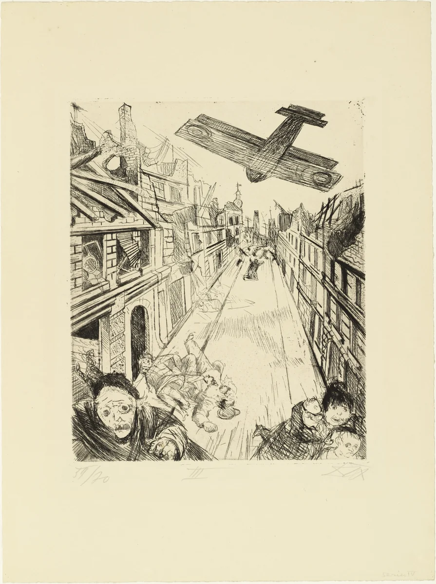 Lens Being Bombed (Lens wird mit Bomben belegt) from The War (Der Krieg) by Otto Dix, print, 1924