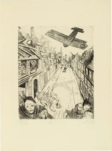 Lens Being Bombed (Lens wird mit Bomben belegt) from The War (Der Krieg) by Otto Dix, print, 1924