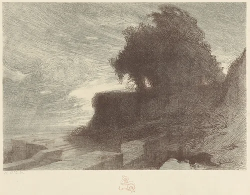Landscape with Trees on a Bluff and a Snake Remarque by Charles-Marie Dulac; Joseph Lemercier, print, 1892-1893