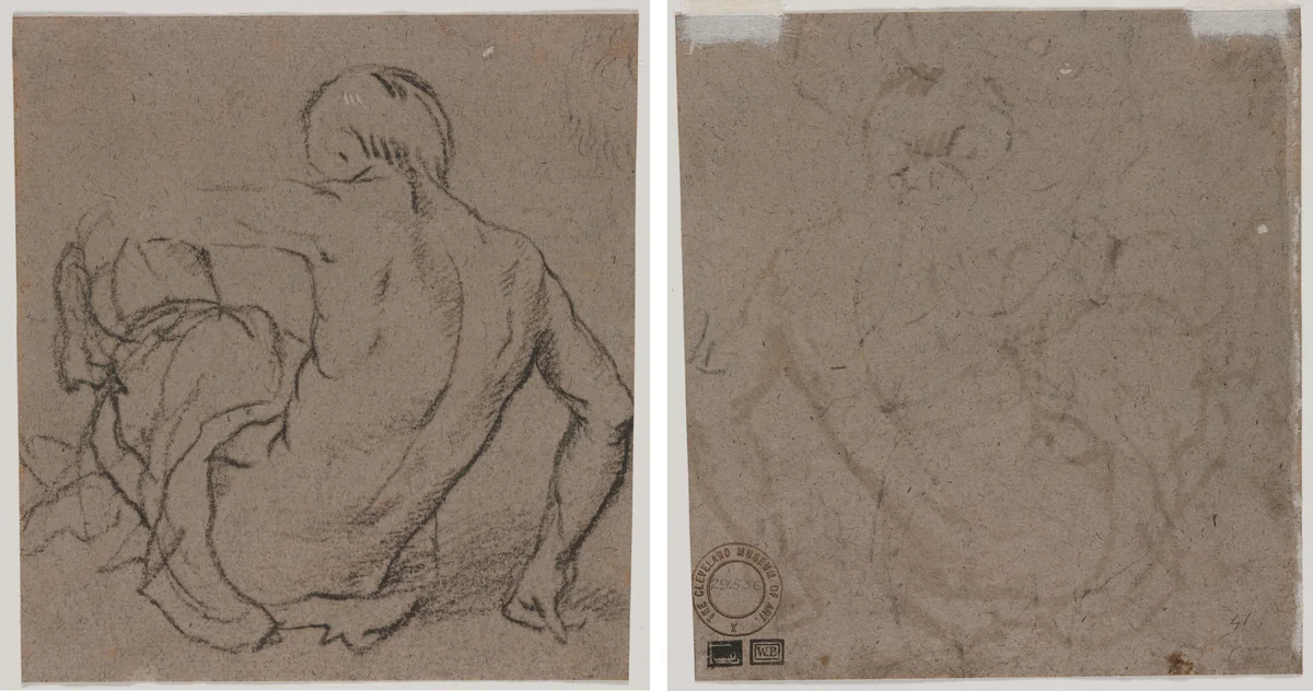 Man Seated on the Ground, Seen from Behind (recto); Sketch (verso) by Unknown, drawing, 1500-1599