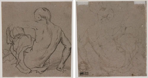 Man Seated on the Ground, Seen from Behind (recto); Sketch (verso) by Unknown, drawing, 1500-1599
