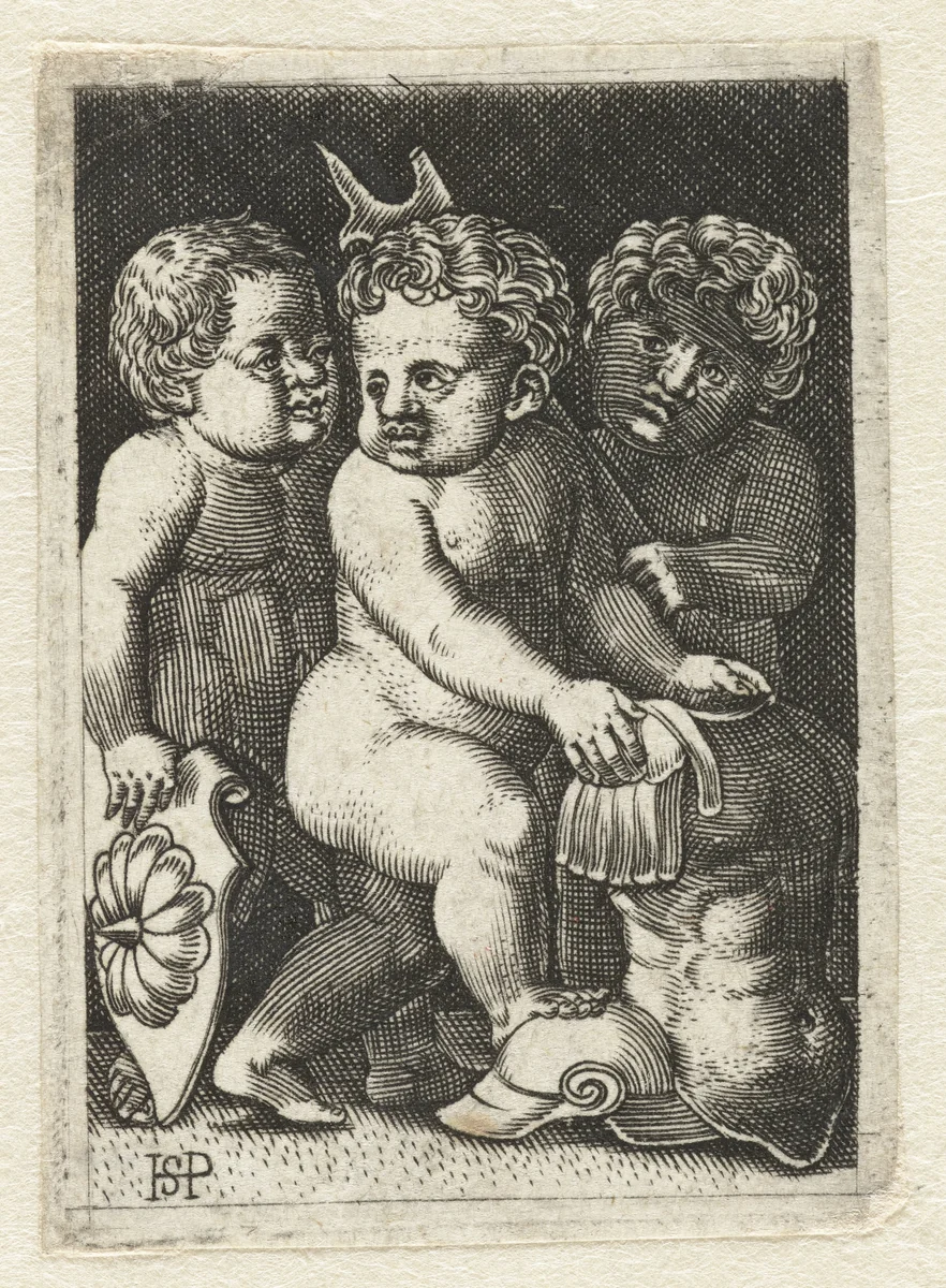 Drie putti met wapenrusting by Unknown, print, 1525-1550